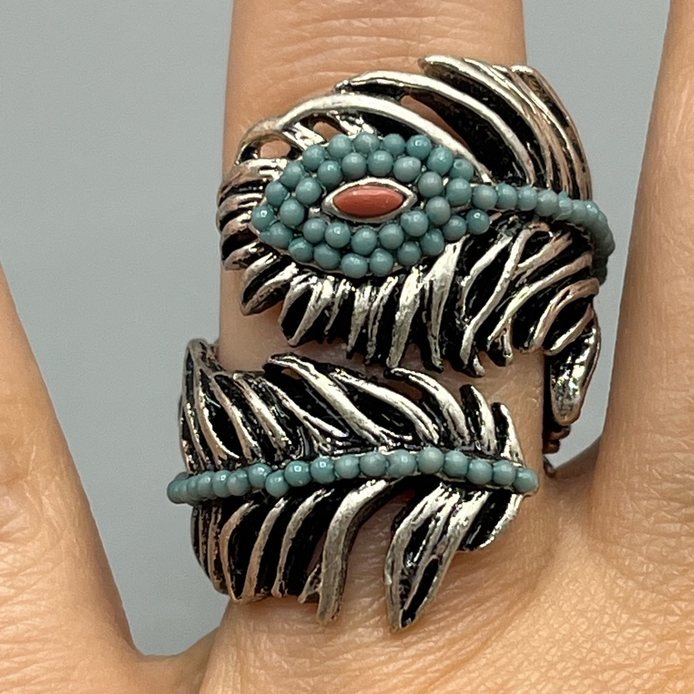 Lucky You Ring Wrap Around Feather & Turquoise Color Beads Southwest Silver Tone
